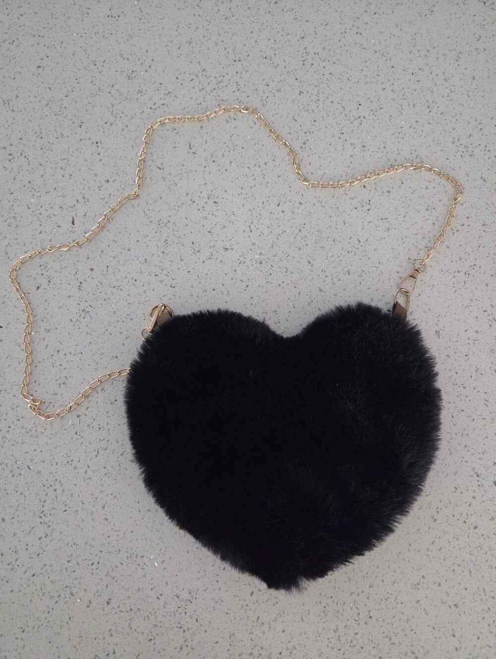 Faux Fur Heart Crossbody Bag - Black With Gold Chain